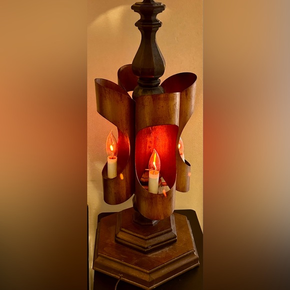 RARE Vintage 1950’s Brutalist Curved COPPER & Wood Statement Table Lamp working - Picture 2 of 11